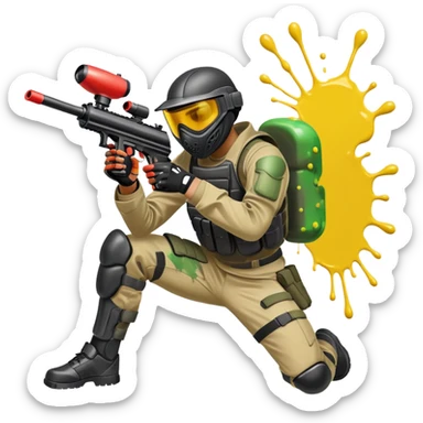 A paintball player in full gear, aiming a paintball gun with focus and determination. The scene includes vibrant splashes of paint and a dynamic battlefield setting, emphasizing action, strategy, and teamwork in a competitive environment sticker