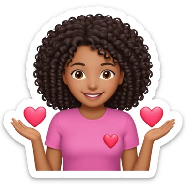 A brown skin girl with a black curly 4C hair and she has a pink Shirt that has a heart  sticker