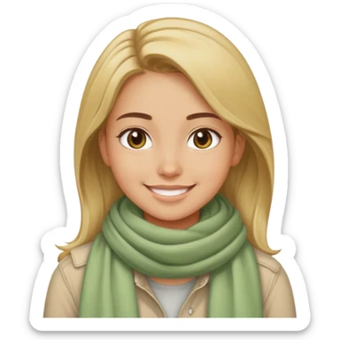 smiling girl with wheatish complexion, beige scarf, light green shirt, jeans sticker
