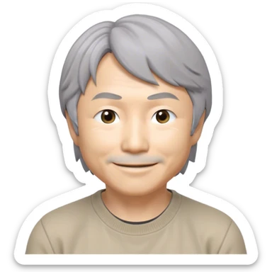 ​Cinematic Realistic Portrait of a Smiling Shigeru Miyamoto, depicted with warm, approachable features, gentle grey-tinted hair, and kind, expressive eyes, set against a subtle backdrop hinting at iconic video game imagery, rendered with lifelike textures and soft, inviting lighting that captures his innovative spirit, sticker