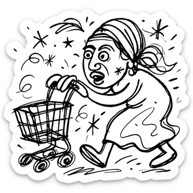 hand-drawn Uzbek woman with a shopping cart, chaotic energy sticker