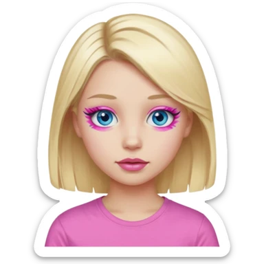 girl with blue eyes blonde in a pink t-shirt with pink lips painted eyelashes and soft facial features sticker