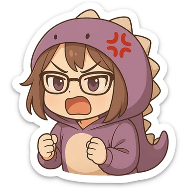 Edit the image of a chibi anime style gamer girl with glasses, brown hair, dark purple eyes, wearing a purple dinosaur costume. Keep the same pose and expression as the reference image but remove the controller from her hands. The background should be transparent (no background). sticker
