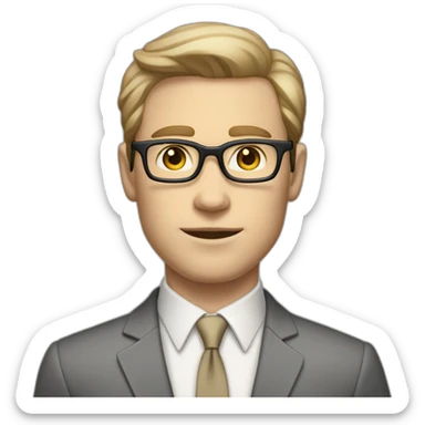 Full height Pale skinned Fit Man With dark brown hair in classic gray suit, beige office shirt, dark gray tie, and vintage glasses. His hands lock sticker