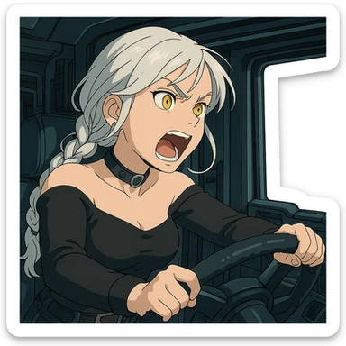 she is driving a 16 wheel truck inside the cab, yelling, turning the weel sharply, a closeup portrait of young woman with gold yellow eyes, white hair, long braid, black off-shoulder top d-cup, punk gothic style, futuristic cyberwave cyberpunk, sticker