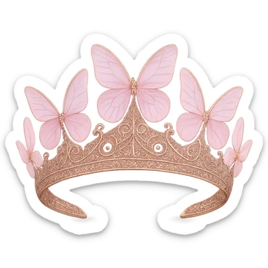 Edit the butterfly crown to use pink metal, intricate filigree, and translucent pastel pink butterfly wings. Keep the background transparent. sticker
