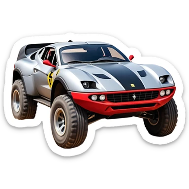 Satan’s and Vader (post race) Ferrari -colored Dirty and dented Local Motors Rally Fighter off road race car hot rod trophy truck-style basher flying on a dusty road (silver wheels) sticker