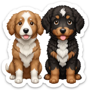2 dogs, one is a light brown Aussie doodle. the other is a black Berenedoodle with white eyebrows . Make both same size sticker