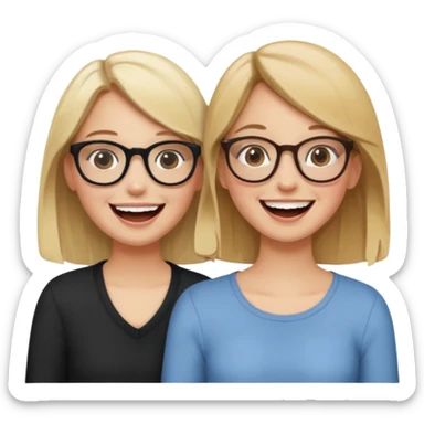 two girls laughing and having fun. one is blonde without glasses, another one is brown haired with glasses. they are supportive and cute sticker