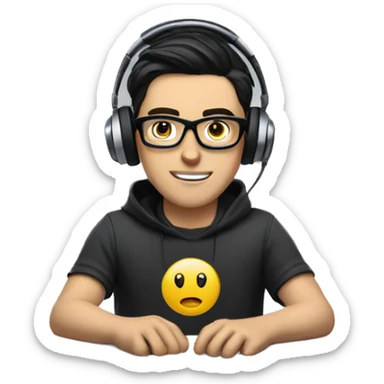 white boy with dark hair and glasses wearing gaming headset and sitting at desk on desktop computer   sticker