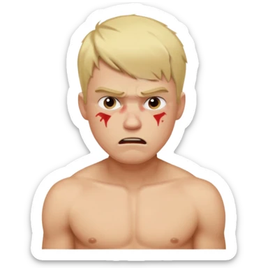 a blond guy with a short haircut, a tired and angry face, no shirt, with bruises under his eyes, and signs of beatings on his body sticker