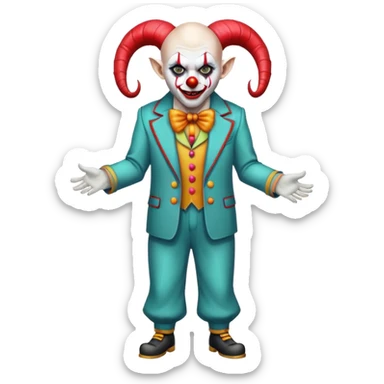 demonic clown wearing a leisure suit, bald with ram horns sticker