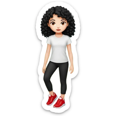 generate a pretty bratz fair skinned girl with curly black hair wearing a white tshirt trekking on a hill with red sneakers on and black leggings. Show HILLS sticker