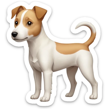 a full body facing front on of a buff white parson russell terrier looking dog the size of a kelpie with light brown long ears resting on its face and a light brown patch above one eye and a large snout. the rest of the dog is completely white.  sticker