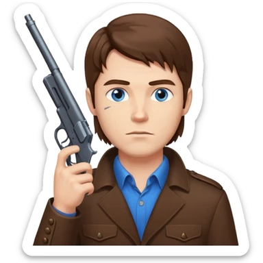 guy w medium long brown hair and blue eyes with gun pointed up at his chin sticker