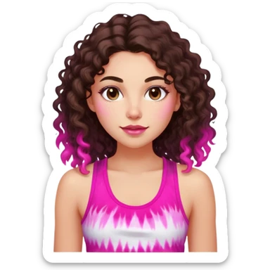 Young adult woman with luminous fair skin, long dark brown curly hair, large almond dark brown eyes, thick lips, wearing bright pink tie-dye tank top, warm friendly expression sticker