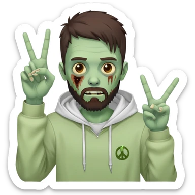 zombie making peace sign, undercut hairstyle with dark brown hair, short full beard, wearing plain white hoodie sticker