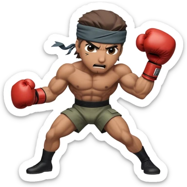 Twitch Emote for Riozacki-Shinkawa Channel

    Character: Solid Snake
    Reference: "Infinite Punch" (a looping combo of two punches) with a funny expression
    Size: Standard Twitch emote sizes (28x28, 56x56, 112x112)

The emote should depict Solid Snake with an exaggerated, oversized head, giving him a caricatured look. The animation should clearly show the "Infinite Punch" move, as if he were rapidly and repeatedly punching a boxing bag with high speed and determination. His expression should be amusing and intense, emphasizing the action. sticker