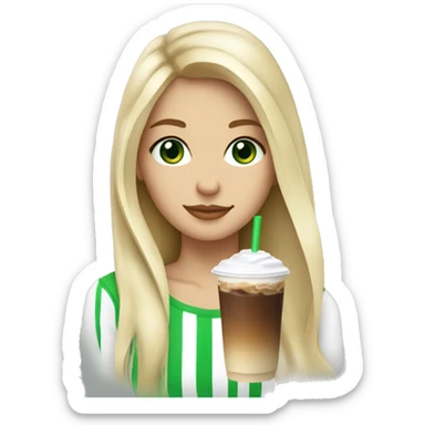 Blonde girl long hair green eyes drinking iced latte sticker