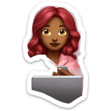 brown girl with cherry coke red hair watching series on her phone while being cozy in her floral pink blanket  sticker