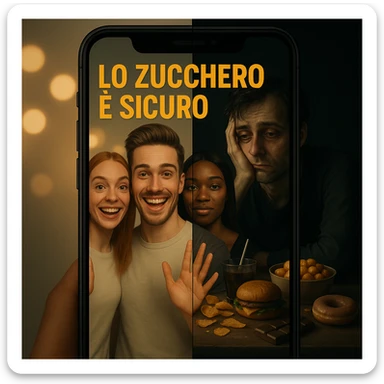 Create a symbolic split-screen scene on a smartphone screen. On one side, show smiling and confident influencers enthusiastically saying that sugar is harmless, with bright lights, filters, and vivid colors, including the Italian text 'LO ZUCCHERO È SICURO'. On the other side, depict a dark and shadowy reality: a tired and bloated person surrounded by junk food in a gloomy environment. Emphasize the contrast between misinformation and hidden truth with a cinematic style, dual lighting (bright vs. dark), and a tone of social critique. sticker