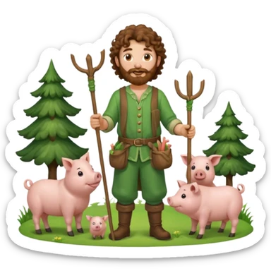 happy young shepard with long curly brown beard and long curly brown hair, in green magical outfit, with wooden shepard stick in hand, taking care of pigs sticker