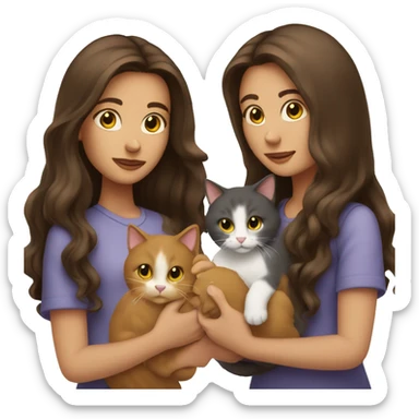 Two long hair brunettes keeping two cats in their hands sticker
