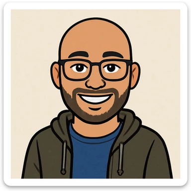 bitmoji style biracial male, bald, glasses, facial hair, casual outfit, smiling sticker