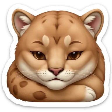 Meme-Worthy Cute Sleeping Cougar Portrait Emoji, Head resting peacefully with a contented smile, showcasing a lithe build and a luxuriously soft tawny Fur, eyes shut in a serene, restful nap, Simplified yet hilariously adorable features, highly detailed, glowing with a soft, drowsy light, high shine, relaxed and utterly lovable, stylized with an air of playful laziness, bright and heartwarming, soft glowing outline, capturing the essence of a comically sleepy cougar, so meme-worthy it feels like it could instantly become the next viral sensation of adorable slumber! sticker