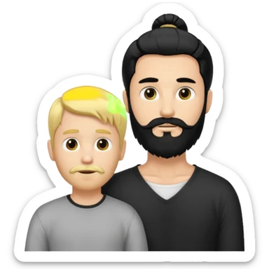 Man with long black hair tied in a tail and beard with a young boy blond short-haired without a beard sticker