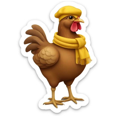 Brown hen showing full body wearing a mustard yellow scarf and mustard yellow beret sticker