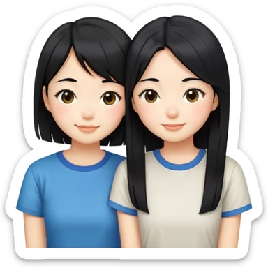 Two cute Japanese girls with straight black hair wearing modern Western clothes like t-shirts, faces pressed together cheek to cheek, smiling happily sticker