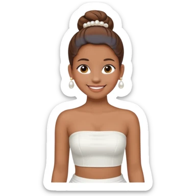 Full body, Light brown skin girl, brown hair in bun, smiling, white strapless tube top, pearl earrings sticker
