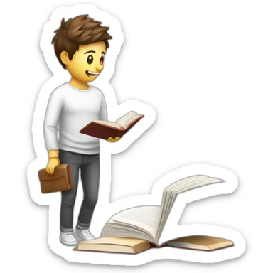 imagen estilizada de un estudiante riendose y saltand sacando fotocopias con un libro en sus manos de piel blanca y cuerpo completo sticker