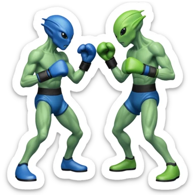 two aliens boxing in a fight stance, facing each other with raised gloves, dynamic action pose, intense expressions, sci-fi arena vibe, 3D cartoon style, mobile game icon style, clean background, no text, no watermark
 sticker