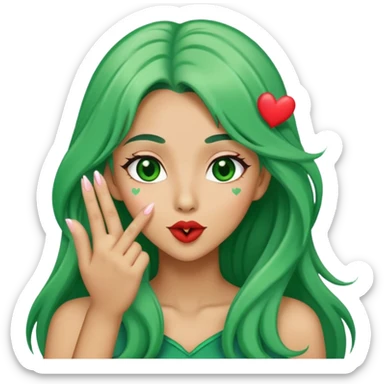 Tan long green hair heart fingers blowing kisses  sticker