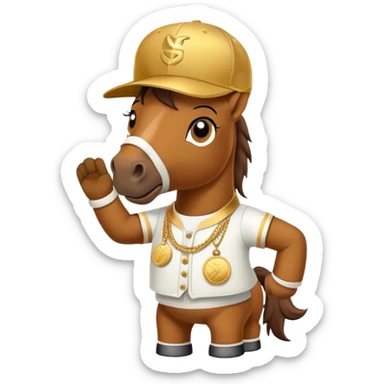friendly anthropomorphised horse in a hip-hop outfit, wearing a gold medal and a baseball hat sticker