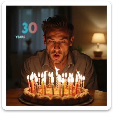 4K detailed birthday party scene with a man blowing out candles, background timeline showing body changes from 20 to 30 years, educational style sticker