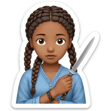 black girl with braids cutting wrists with a small blade with a peaceful but sad face sticker