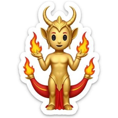 Minimalist emoji-style sticker of a full-body Oscar-like statue in gold color, with subtle devilish elements: small horns on the head, a pointed tail, and fire around the base. Flat design, thick lines, black, gold, and red color palette, silhouette style, centered on white square background. sticker