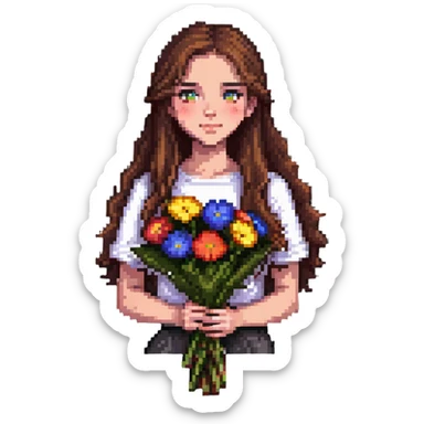 Cool girl with long brown hair holding a bouquet of flowers sticker