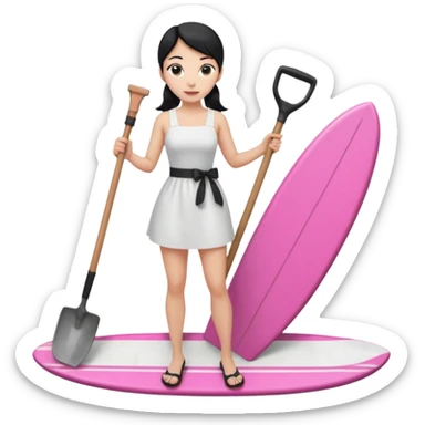 Princess who wearing white dress (woman) black ponytail hair holding her cellphone and  one garden shovel with another hand. She is standing on her feet, there is one pink surfing board. sticker