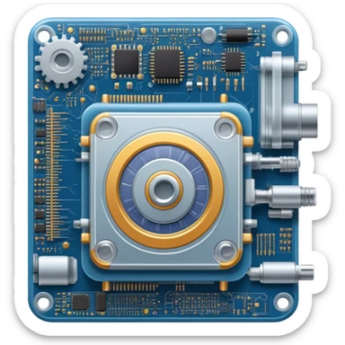 An icon featuring a giant machine soldering a huge microchip, symbolizing engineering. The design includes mechanical gears, circuit boards, and a blueprint, representing the precision and innovation in designing and building technology. Transparent background highlights the art of engineering sticker