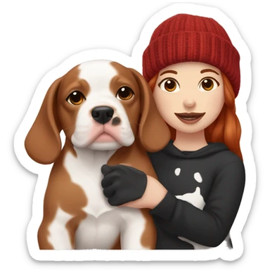 Long Red haired woman in beanie with septum piercing holding black and white English Staffordshire puppy sticker