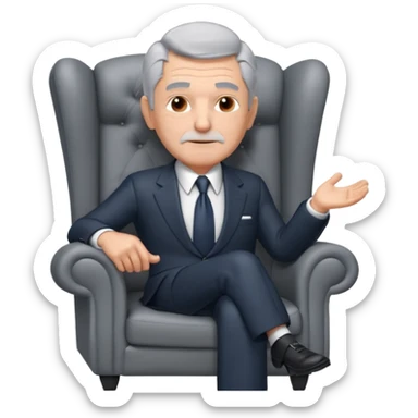 elderly businessman sitting in an armchair, wearing a formal suit and tie, gray hair, confident wise expression, corporate boss vibe, 3D cartoon style, mobile game icon style, clean background, no text, no watermark
 sticker