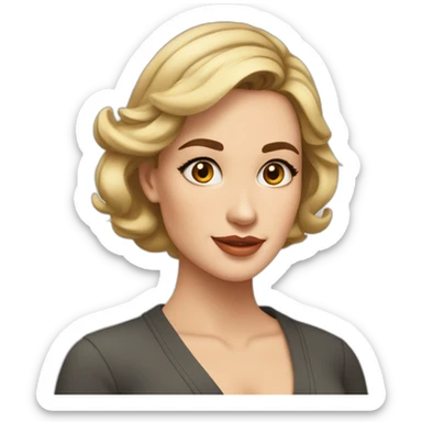 Woman, Late 30s, oval face, high cheekbones, small forehead wrinkles, hazel eyes, medium length dark hair with blond highlights, wearing cardigan sticker