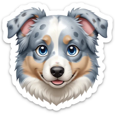 Cinematic Cute Blue Merle and White Australian Shepherd Portrait Emoji, Head tilted playfully and inquisitively, soft blue merle fur with bright white patches, round, sparkling blue eyes filled with curiosity, Simplified yet irresistibly adorable features, highly detailed, glowing with a warm, friendly glow, high shine, affectionate and lively, stylized with a touch of whimsy, bright and endearing, soft glowing outline, capturing the essence of a mischievous yet loving pup, so playful it feels like it could bound out of the screen and into your arms! sticker