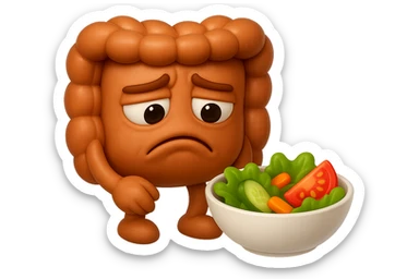 EMOJI STILE IPHONE DI UN INTESTINO UMANO ANATOMICO CHE GUARDA UN INSALATA CON ESPRESSIONE TRISTE E RASSEGNATA IN VOLTO: SOFFRE LA FAME PERCHé è A DIETA, FAGLI ANCHE LA PARTE BIANCA DEGLI OCCHI, NON SOLO LE PUPILLE, IPERREALISTICO 4K sticker