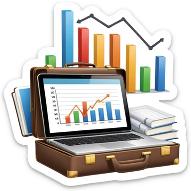 Icon for Business Reading: a prominent book at the forefront, with a briefcase, laptop, and notepad around it, along with a bar graph and symbolizing ideas and growth. The icon should represent the knowledge and strategy of business literature. Transparent background. sticker