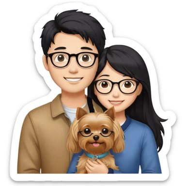 “An Asian girl with long, wavy black hair (loose, no hair tie) next to her smiling boyfriend—a light brown-skinned man with a Korean-style haircut and glasses. Together, they’re holding a small Yorkshire Terrier sticker